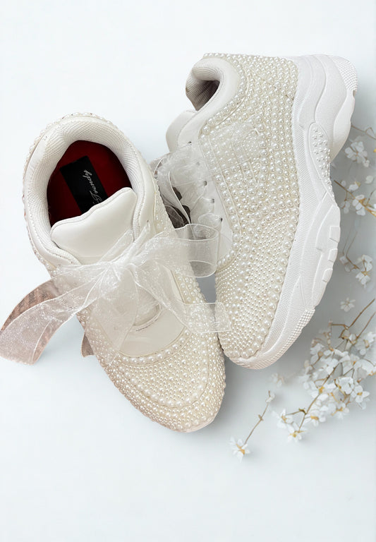 Funky N Trendy white pearl hand work sneakers / bridal sneakers/ sneaker for bride / white sneakers/ pearl sneakers for bride/ bridesmaid sneakers / pearls sneakers