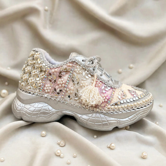 Ivory Blossom - Pearl & Mirror Work Lavender Silver Bridal Sneakers with Latkans