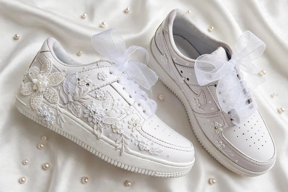 The Pearl - Hand Embroidered White Bridal Sneakers with Pearl Flowers