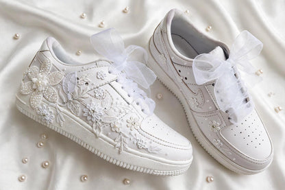 The Pearl - Hand Embroidered White Bridal Sneakers with Pearl Flowers