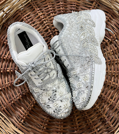 FUNKY N TRENDY hand work bridal sneakers / bridesmaid sneakers/ silver sneakers / silver shoes/mirror sneakers mirror shoes/ bride shoes/ embroidered shoes/Custom heel height from 1 to 3 inches.