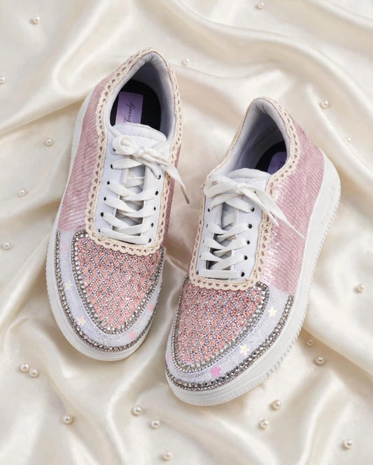 FUNKY N TRENDY pink sequine work sneakers with customization of name /wedding date/ couple shoes
