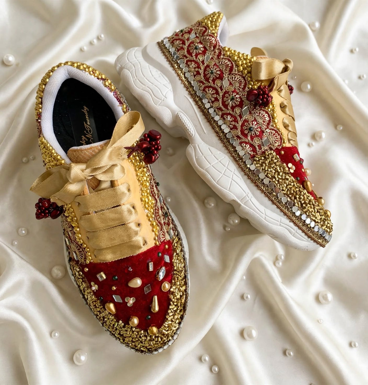 FUNKY N TRENDY maroon and gold sneakers with mirror detailing for brides /bridesmaids / sneakers for bridesmaids/ handcrafted sneakers/ maroon sneakers / bridal sneakers / bridesmaid sneakers/ maroon shoes