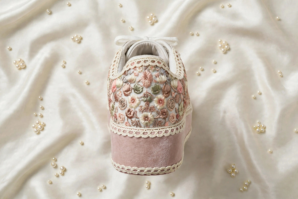 FUNKY N TRENDY Wildflower Embroidered Platform Sneakers – Blush Pink Floral Bridal Sneakers for Mehendi/Sangeet