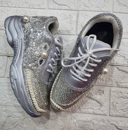 FUNKY N TRENDY rhinestone work bridal sneakers / bridesmaid sneakers/ silver sneakers / silver shoes/ rhinestone sneakers mirror shoes/ bride shoes/ embroidered shoes