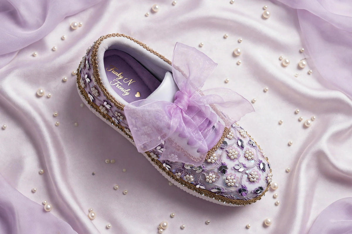 “Purple Bridal Sneakers with Mirror detailing– Floral Embroidery”