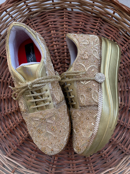 FUNKY N TRENDY gold intricate hand embroidered sneakers for brides /bridesmaids / sneakers for bridesmaids/ handcrafted sneakers/ sequine sneakers / bridal sneakers / bridesmaid sneakers/ ivory sneakers /embroidered shoes/ zardozi sneakers
