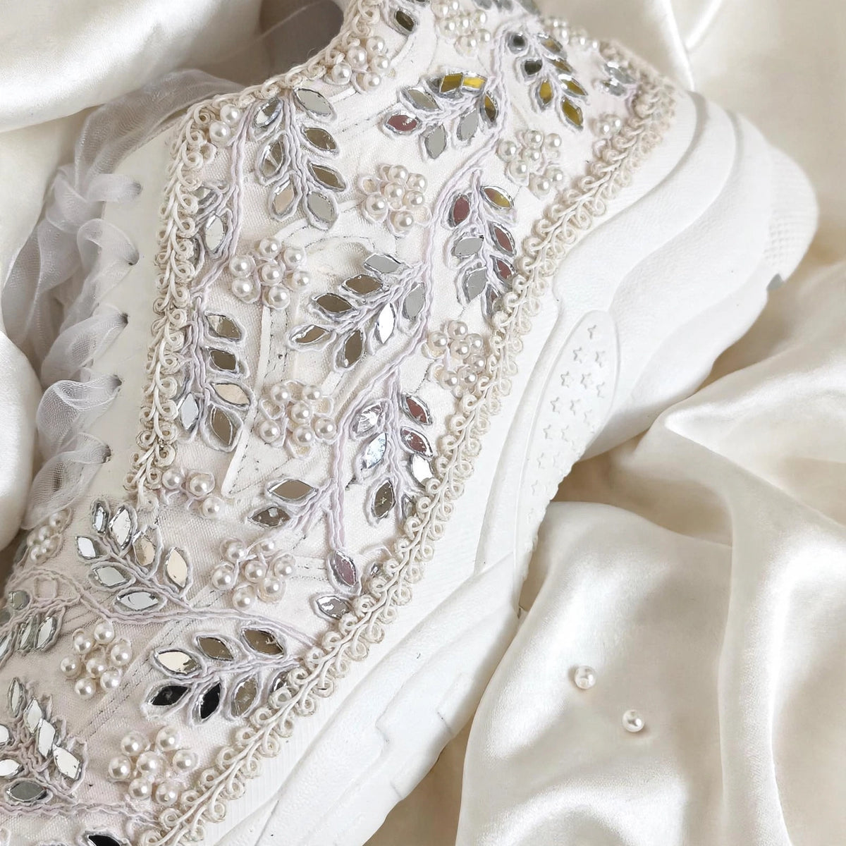 Funky N Trendy white pearl hand work sneakers / bridal sneakers/ sneaker for bride / white sneakers/ pearl sneakers for bride/ bridesmaid sneakers / pearls sneakers / mirror sneakers / white shoes