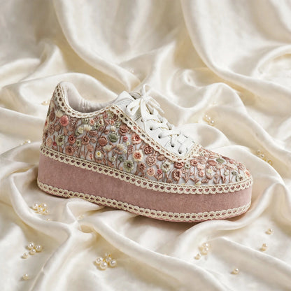 FUNKY N TRENDY Wildflower Embroidered Platform Sneakers – Blush Pink Floral Bridal Sneakers for Mehendi/Sangeet