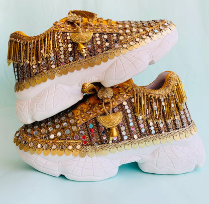 FUNKY N TRENDY gold mirror heeled sneakers for brides and bridesmaids