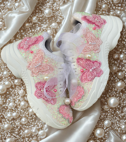 FUNKY N TRENDY pink butterfly embroidery sneakers for brides /pink embroidered sneakers/ handcrafted sneakers/ butterfly sneakers / bridal sneakers / bridesmaid sneakers/ pink and lavender hand work sneakers/lavender shoes