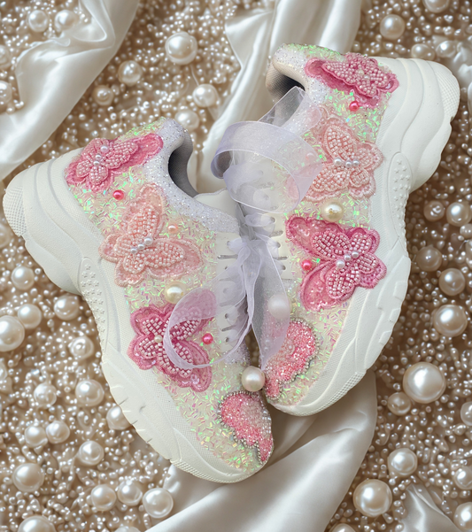 FUNKY N TRENDY pink butterfly embroidery sneakers for brides /pink embroidered sneakers/ handcrafted sneakers/ butterfly sneakers / bridal sneakers / bridesmaid sneakers/ pink and lavender hand work sneakers/lavender shoes