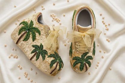 FUNKY N TRENDY Hand embroidered Tree theme sneakers - wedge sneakers heeled sneakers/ gold sneakers