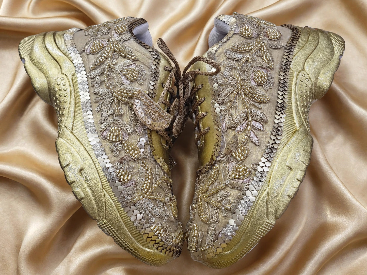 Funky N Trendy hand crafted golden bridal sneakers bridesmaid sneakers/ gold sneakers / golden sneakers / mirror sneakers/hand embroidered sneakers