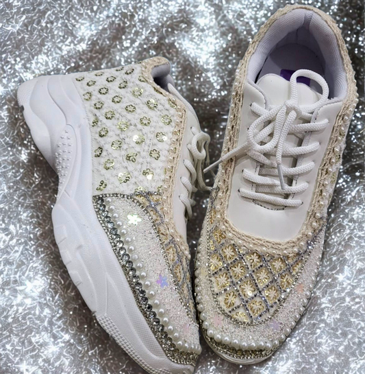 FUNKY N TRENDY Ivory Magic Bridal Sneakers – Custom Bead Detailing with pearls and swaroski