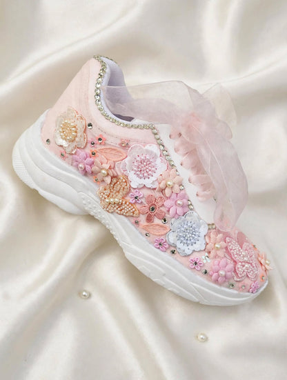 FUNKY N TRENDY peach/white/ blue floral butterfly theme sneakers with pearls detailing for brides / bridesmaids with custom couple name initials/ pink shoes / peach shoes