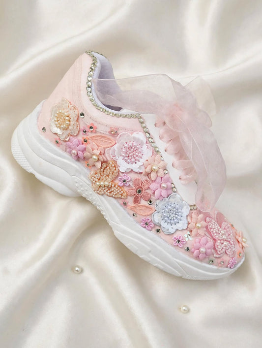 FUNKY N TRENDY peach/white/ blue floral butterfly theme sneakers with pearls detailing for brides / bridesmaids with custom couple name initials/ pink shoes / peach shoes
