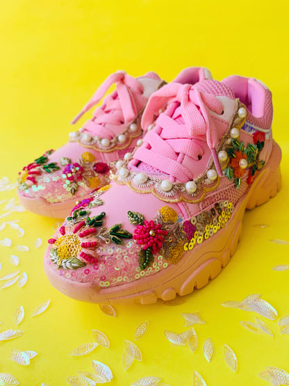 Funky N Trendy Pink sequine and floral work with beads detailing bridal sneakers/ bridesmaid sneaker / pink sneakers/ hot pink sneakers / pink shoes for bride/ rani pink sneakers