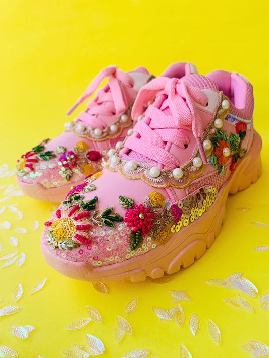 Funky N Trendy Pink sequine and floral work with beads detailing bridal sneakers/ bridesmaid sneaker / pink sneakers/ hot pink sneakers / pink shoes for bride/ rani pink sneakers