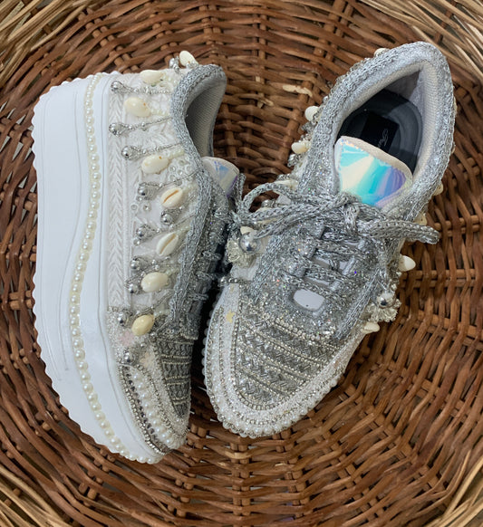 FUNKY N TRENDY silver sneakers for brides / silver sneakers for bridesmaids/ silver sneakers / bridal sneakers / bridesmaid sneakers/ silver hand work sneakers