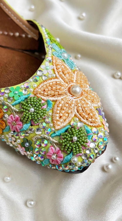 FUNKY N TRENDY “Green Pastel Garden Handcrafted Juttis – Floral Magic” - Green Carnival juttis