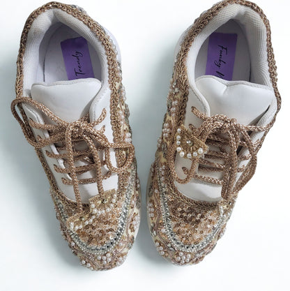 FUNKY N TRENDY rose gold/ tan peach/gold sneakers with pearl detailing for brides / bridesmaids/ ivory sneakers / beige sneakers / tan peach shoes/ rose gold sneakers / rose gold shoes