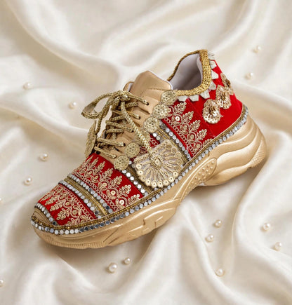 Maharani - Red Velvet Bridal Sneakers with Gold Chunky Sole
