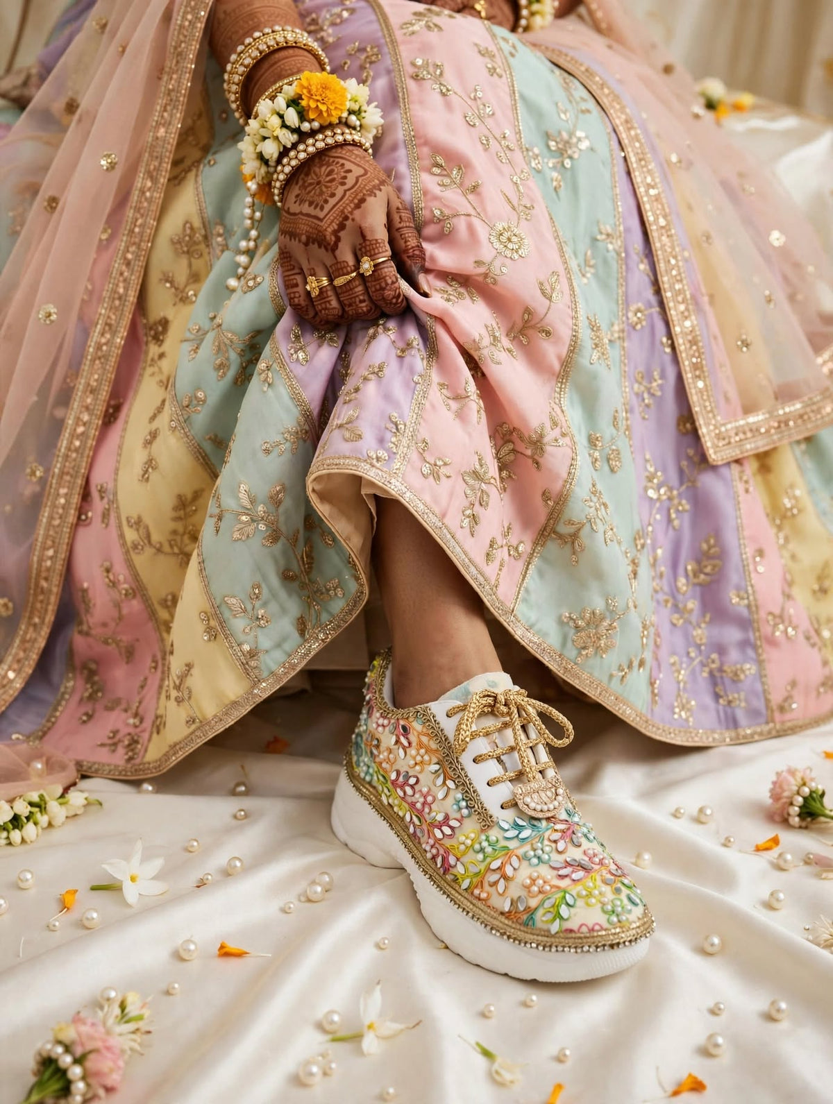 “Rainbow Bridal Sneakers with Mirror detailing– Floral Embroidery”