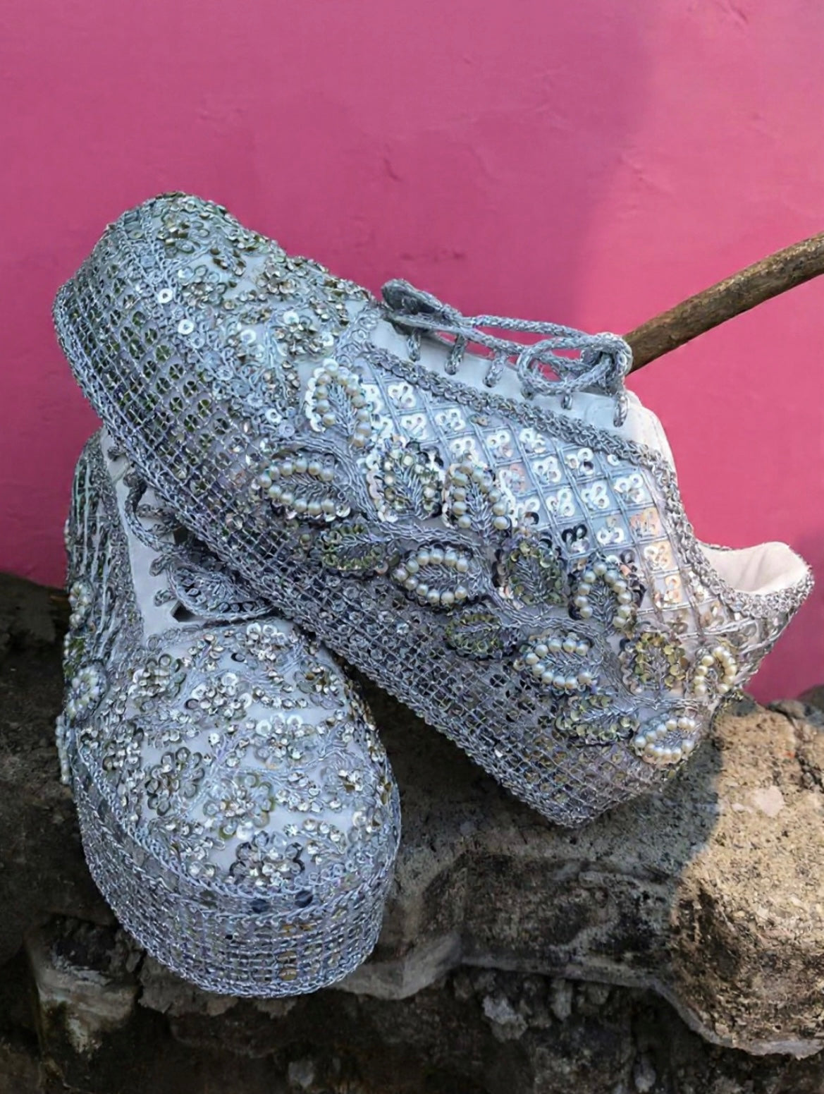 FUNKY N TRENDY Silver Mirror sequine work sneakers - wedge sneakers heeled sneakers/ silver sneakers