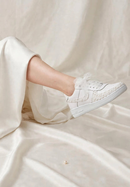 LUNA - Custom Pearl Bridal Sneakers with Wedding Date & Initials | Hand-Embellished White Wedding Sneakers