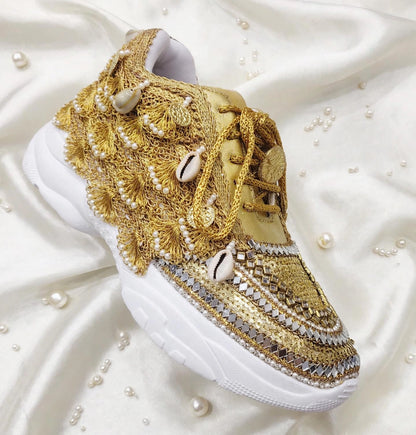 FUNKY N TRENDY gold sneakers for brides / gold sneakers for bridesmaids/ gold sneakers / bridal sneakers / bridesmaid sneakers/ golden hand work sneakers / gold sneakers / embroidered sneakers