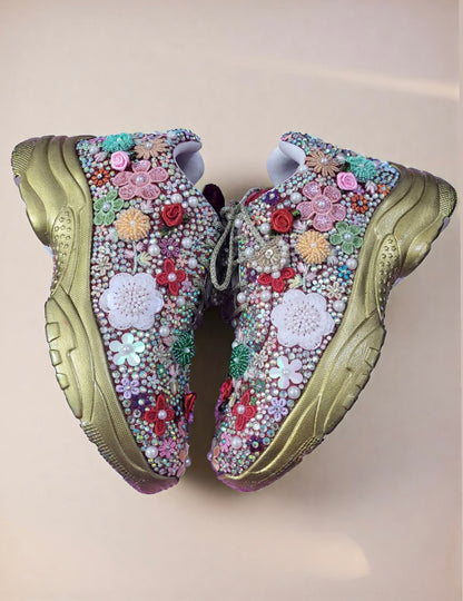 FUNKY N TRENDY fully hand crafted floral work with beads rhinestones cutdana sneakers / flower shoes / gold sneakers / red sneakers / maroon sneakers / multi colored sneakers