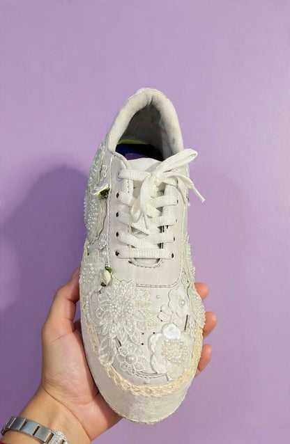 FUNKY N TRENDY Hand embroidered floral theme sneakers - wedge sneakers heeled sneakers/ white sneakers