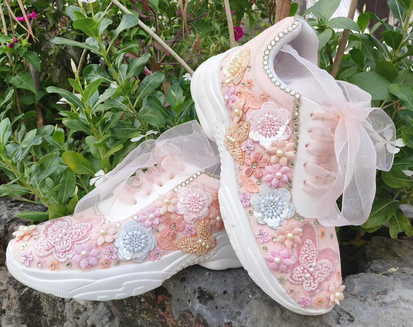 FUNKY N TRENDY peach/white/ blue floral butterfly theme sneakers with pearls detailing for brides / bridesmaids with custom couple name initials/ pink shoes / peach shoes