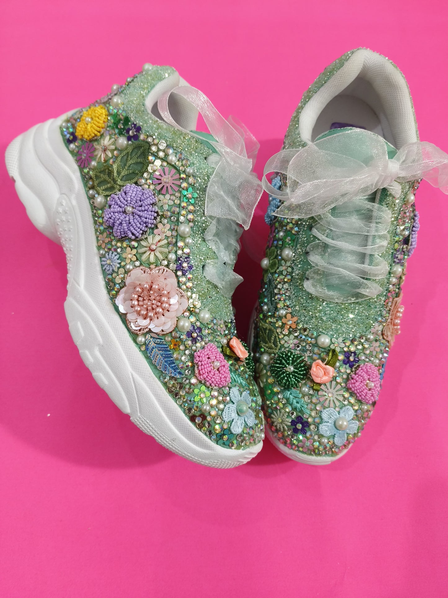FUNKY N TRENDY “Green Pastel Garden Handcrafted Sneakers – Floral Magic” - Green Sneakers
