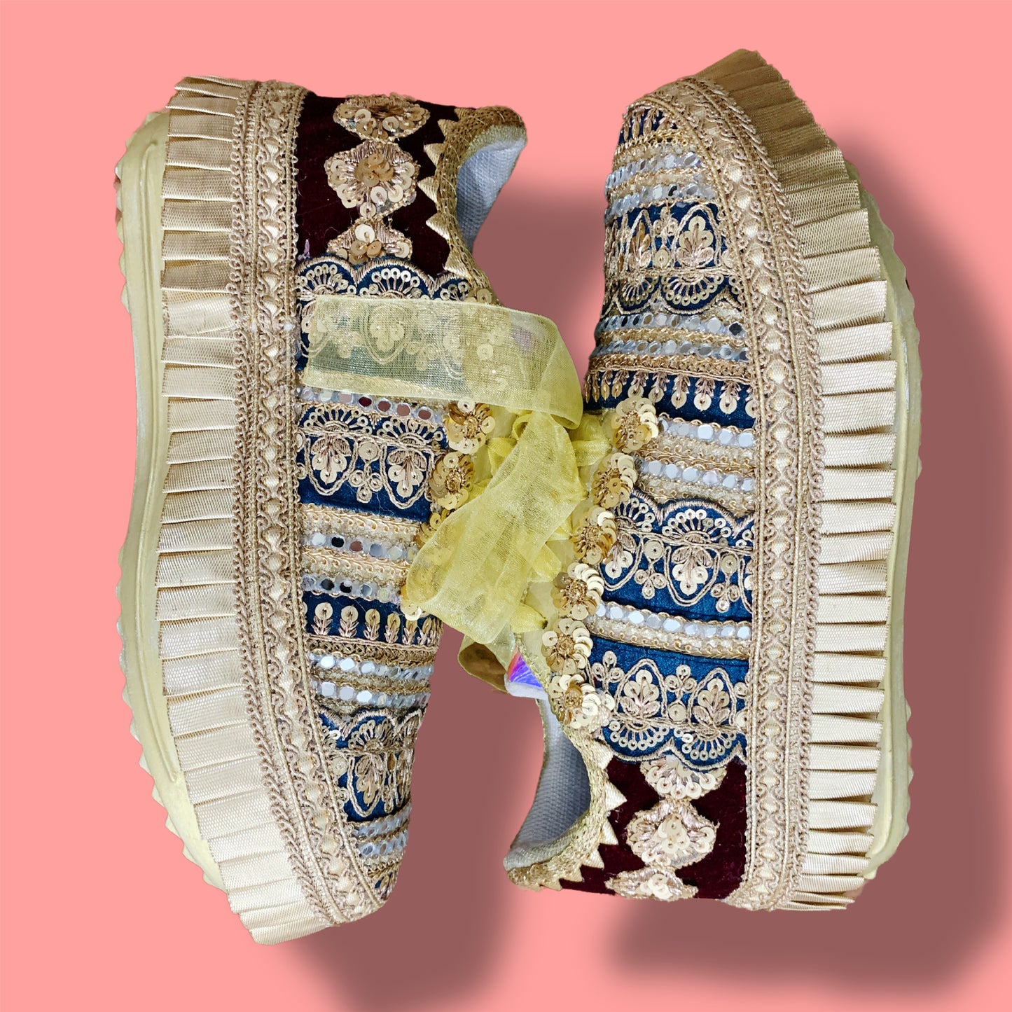 Funky N Trendy peacock blue zari work with mirror detailing bridal sneakers/ bridesmaid sneaker / golden sneakers/ maroon sneakers / blue shoes for bride/ maroon sneakers