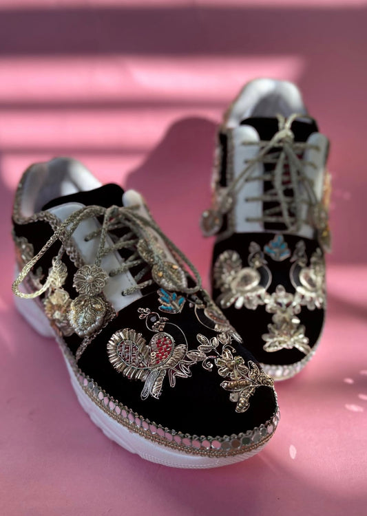 Funky N Trendy handcrafted hand embroidered cutdana work bridal sneakers/ bridesmaid sneaker / black sneakers /black boho sneakers/ black shoes/ unisex shoes / men shoes / women shoes