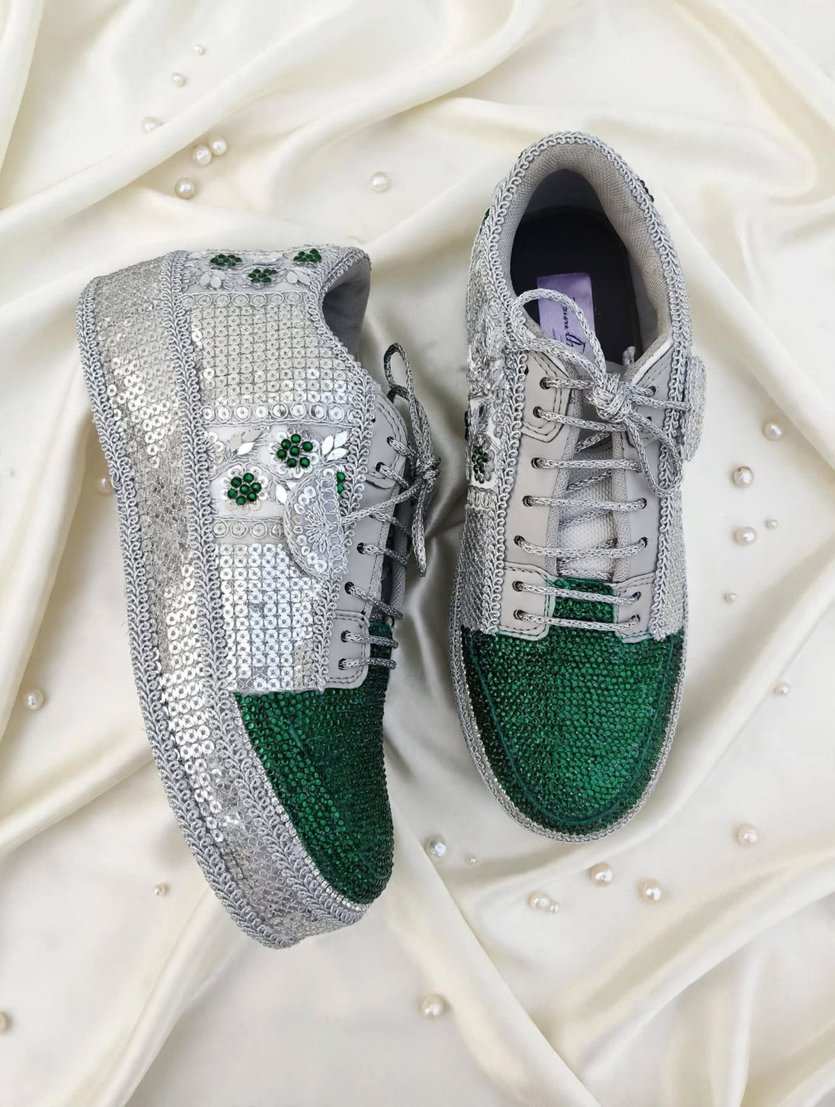 Silver Green Rhinestone Magic - Bridal Platform Sneakers | Silver Wedge Sneakers for Engagement or Sangeet