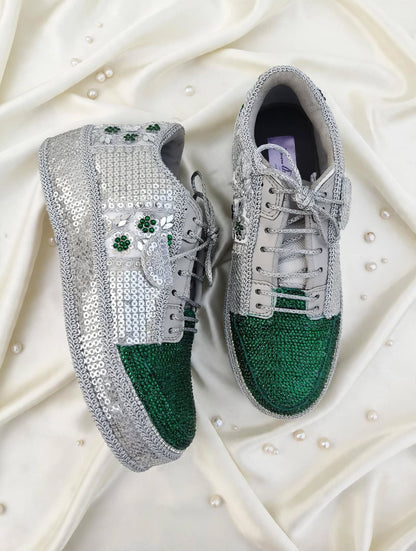 Silver Green Rhinestone Magic - Bridal Platform Sneakers | Silver Wedge Sneakers for Engagement or Sangeet