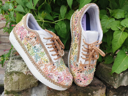 “Rainbow Bridal Sneakers with Mirror detailing– Floral Embroidery”