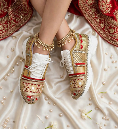 FUNKY N TRENDY red and gold sneakers for brides /bridesmaids / sneakers for bridesmaids/ handcrafted sneakers/ gold sneakers / bridal sneakers / bridesmaid sneakers/ gold sneakers / red shoes