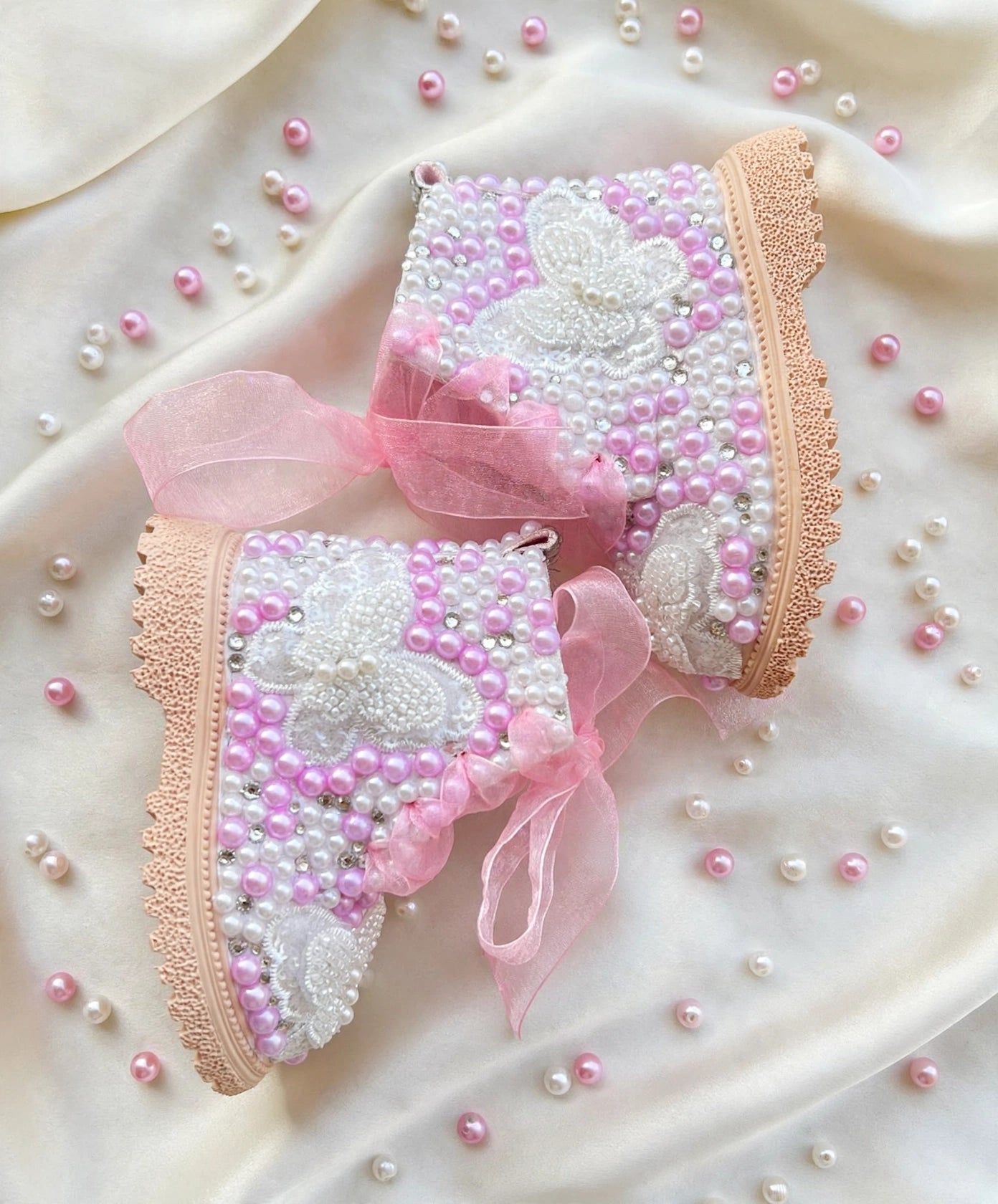 Handcrafted Butterfly & Pearl Custom Boots | Pink Organza Bows - Funky N Trendy