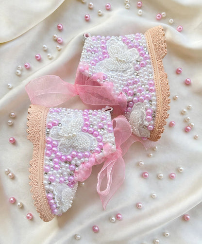 Handcrafted Butterfly & Pearl Custom Boots | Pink Organza Bows - Funky N Trendy