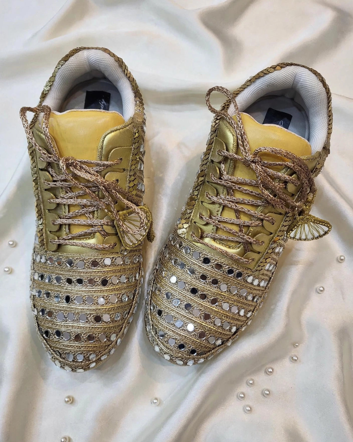 Golden Mirror – Bridal Sneakers with Dual Latkans | Gold Chunky Sneakers for Sangeet
