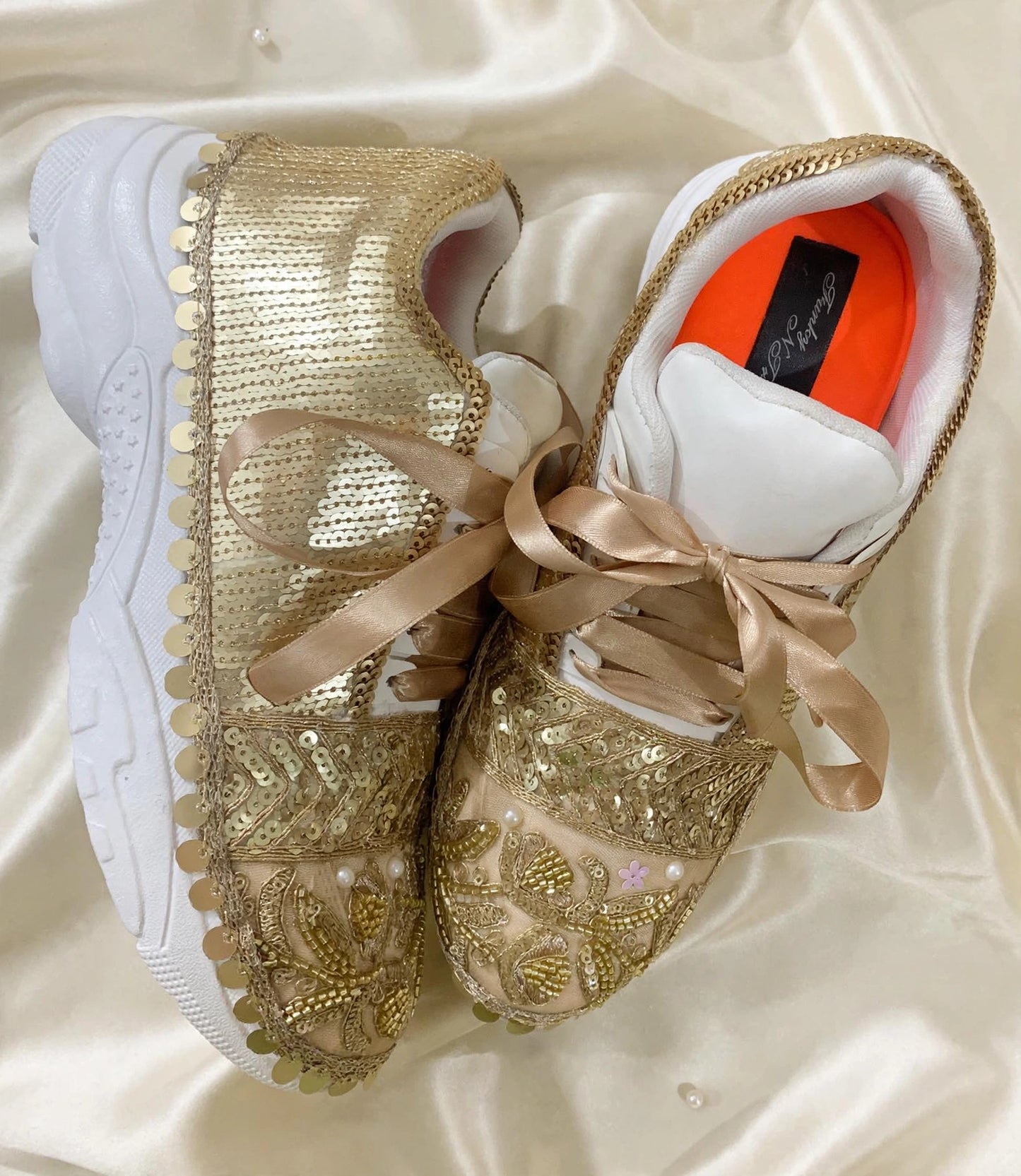 FUNKY N TRENDY handcrafted golden sequine work bridal sneakers / bridesmaid sneakers/ gold sneakers / sequine work sneakers / embroidery sneakers for bride / bridal sneakers