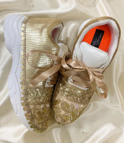 FUNKY N TRENDY handcrafted golden sequine work bridal sneakers / bridesmaid sneakers/ gold sneakers / sequine work sneakers / embroidery sneakers for bride / bridal sneakers