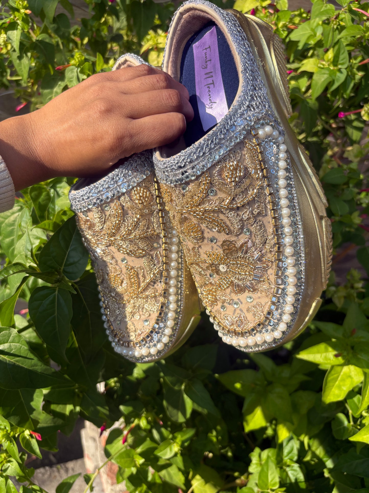 Funky N Trendy hand crafted golden bridal sneakers bridesmaid sneakers/ mom shoes / half shoes  / golden sneakers / embroidered half shoes