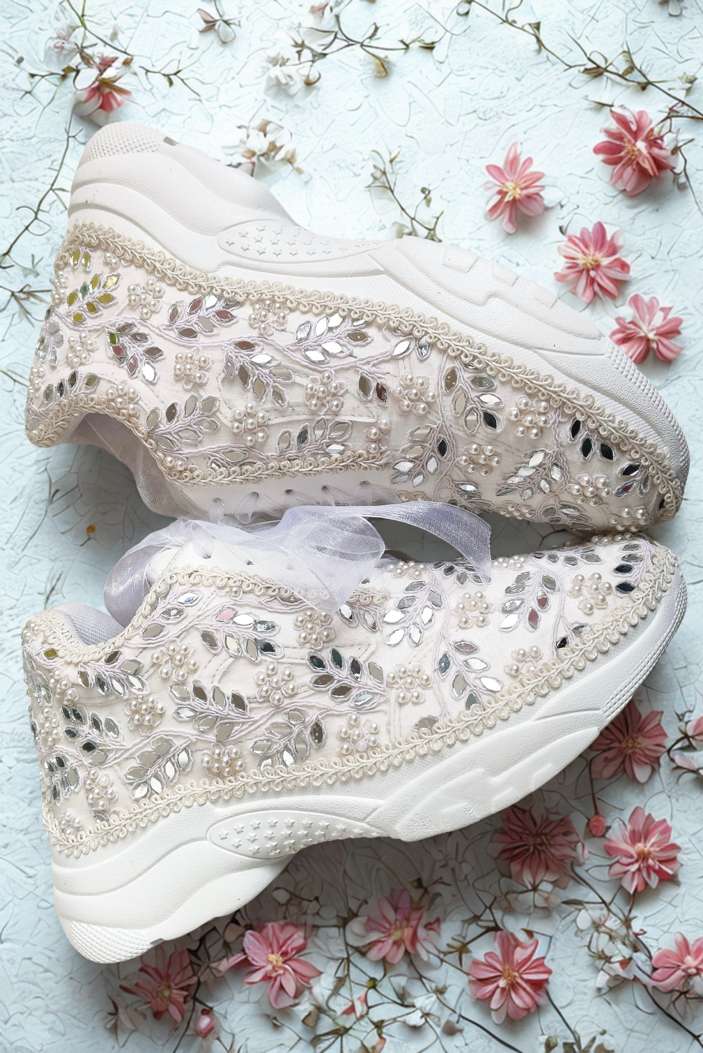 Funky N Trendy white pearl hand work sneakers / bridal sneakers/ sneaker for bride / white sneakers/ pearl sneakers for bride/ bridesmaid sneakers / pearls sneakers / mirror sneakers / white shoes