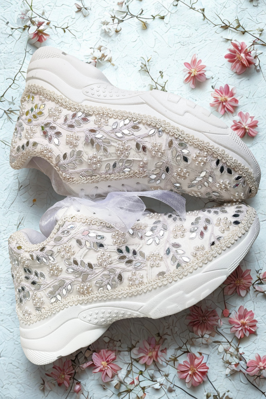 Funky N Trendy white pearl hand work sneakers / bridal sneakers/ sneaker for bride / white sneakers/ pearl sneakers for bride/ bridesmaid sneakers / pearls sneakers / mirror sneakers / white shoes