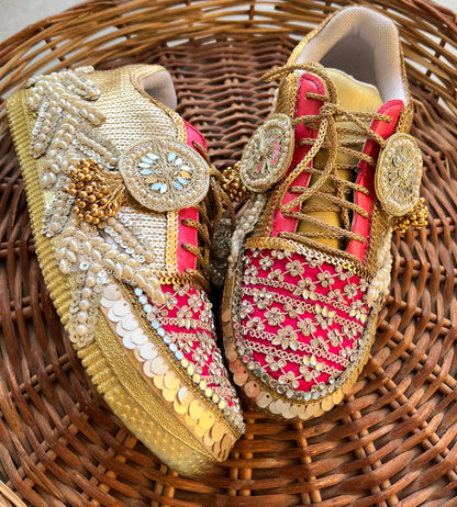 FUNKY N TRENDY hot pink sneakers with rhinestone detailing for brides /bridesmaids / sneakers for bridesmaids/ handcrafted sneakers/ sequine sneakers / bridal sneakers / bridesmaid sneakers/ pink sneakers / gold shoes/ rani pink sneakers